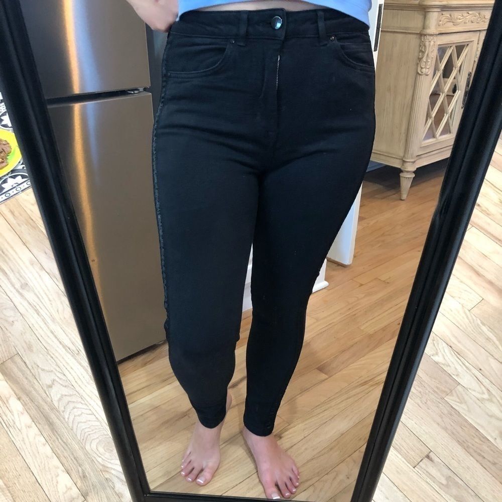 Karen Mullen High Waist Skinny Jeans Size 8 Black with Satin  Stripes Detailing